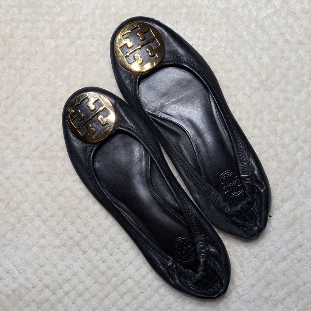 Tory Burch Minnie Travel Ballet Flats Black Nappa Leather Gold Logo Quiet Luxury